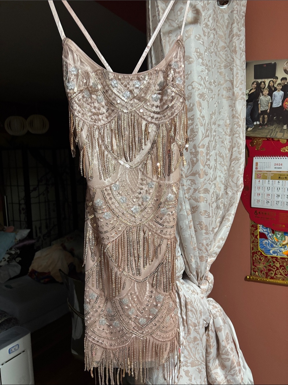 Beaded Fringe Slip Dress in Blush Pink